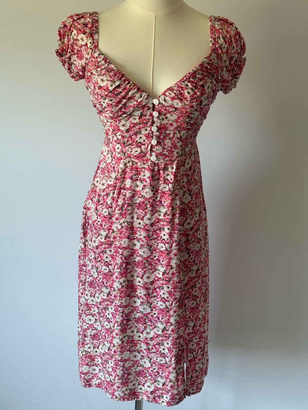 Hello Molly Pink Floral Smocked Midi Dress | Puff Sleeve | XS / US 2